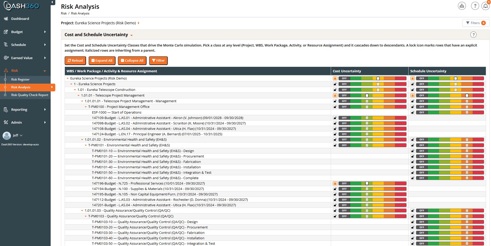 Pro: Cost & Schedule uncertainty rolled up and set through an easy slider project hierarchy.