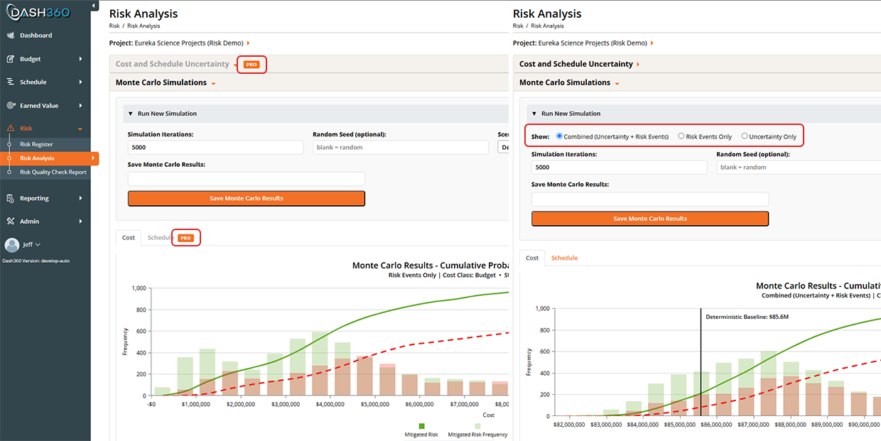 Same project, two tiers: Pro unlocks the full Risk Analysis workspace; Lite delivers the register and gates the advanced analytics behind an upgrade prompt.